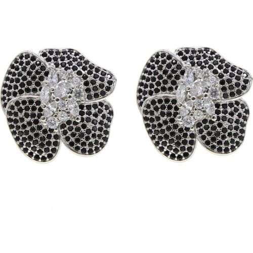 Micro pave cz bloom flower stud earring blue black cubic zirconia big european women stud