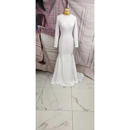 Vintage Long Mermaid O-Neck Satin Wedding Dresses Sweep Length Pleated Ivory Covered Back with Buttons Bridal Gowns Women