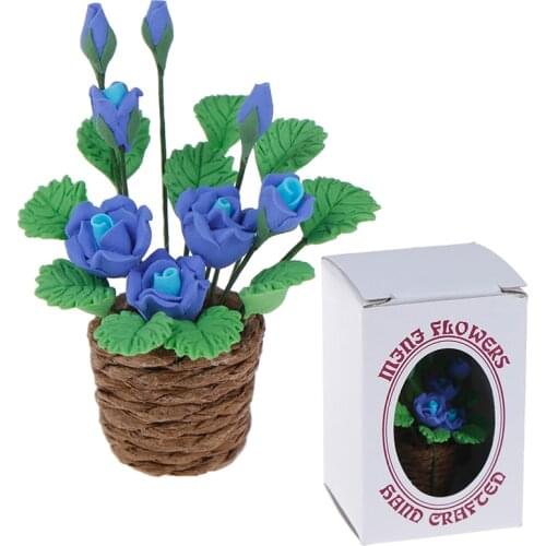 1/12 Dollhouse Miniature Ornament Clay Purple Rose Flower in Pot for Dolls House Living Room Bedroom Garden Decor