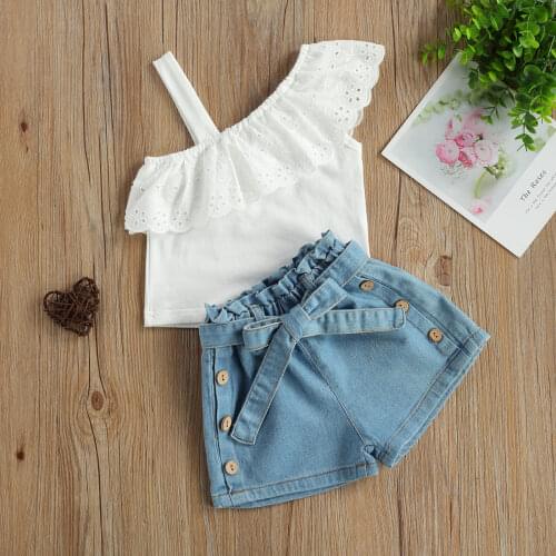 2021 Fashion Summer Kids Girls Clothes Sets One Shoulder Strap Ruffle Tops Button Belt Denim Shorts Outfit Sets
