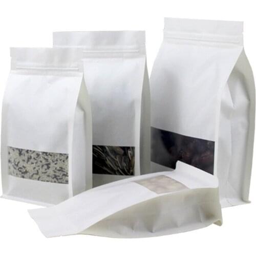 50Pcs White Kraft Paper Frosted Window Eight Side Seal Bag Stand Up Zip Lock Reusable Tear Notch Food Storage Packaging Pouches