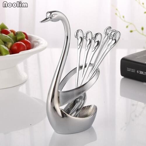 7pcs/set Home Decor Elegant Swan Holder Stainless Steel Small Dessert Coffee Fruit Fork Kitchen Gadgets