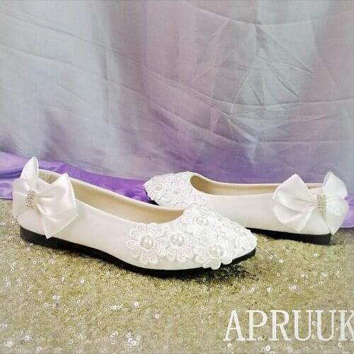 Satin Bow butterfly-knot fats lace shoes for bride ladies party proms dress plus size 41 42 43 white flats girls ceremony shoe