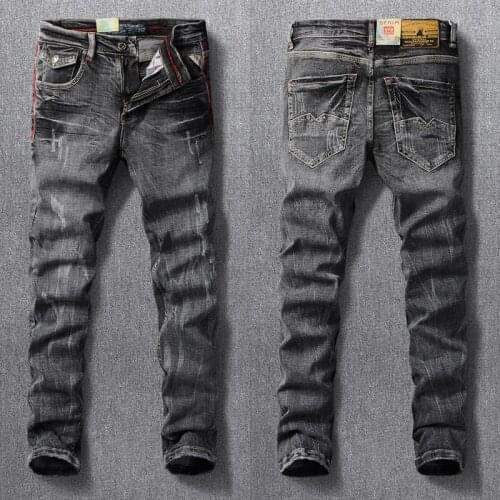 Italian Vintage Fashion Men Jeans Retro Black Gray Elastic Slim Fit Ripped Jeans Men Streetwear Distressed Designer Denim Pants