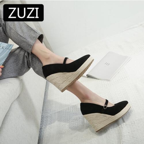 ZUZI Wedge Espadrilles Heel Shoes Women 2021 Spring New Style Shallow Mouth Fashion Pointed Thick Heel -soled Straw Heel Shoes