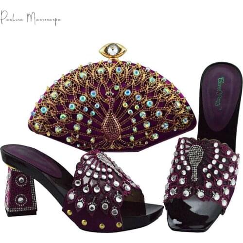 Hot Selling Fashion Italian Design Purple Color Nigerian Party Women Shoes and Bag Set Decorated With Special Peacock Rhinestone