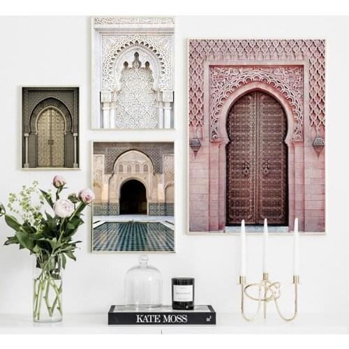 Moroccan Arch Old Door Canvas Painting Islamic Building Wall Art Poster Hassan II Mosque Print Muslim Decoration Picture