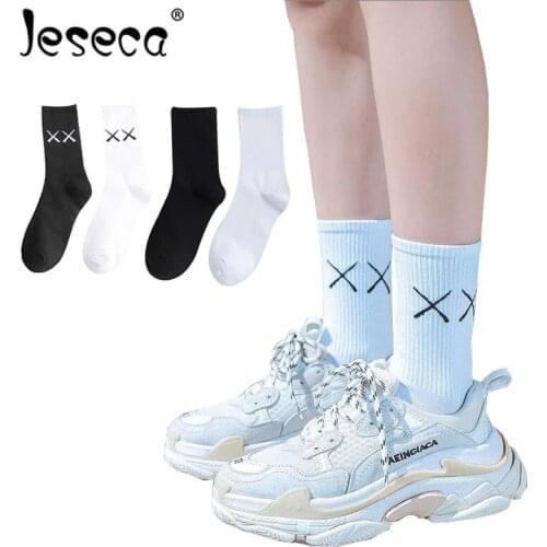 Jeseca New Fashion Sports Women Long Socks Harajuku Style Designer Funny Lingerie Black White Breathable Four Seasons Socks