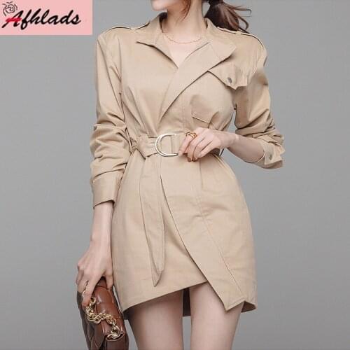 New High Waist Solid Color Dress Spring And Autumn Womens Long Sleeved Irregular Notched Collar Bodycon Dress With Belt