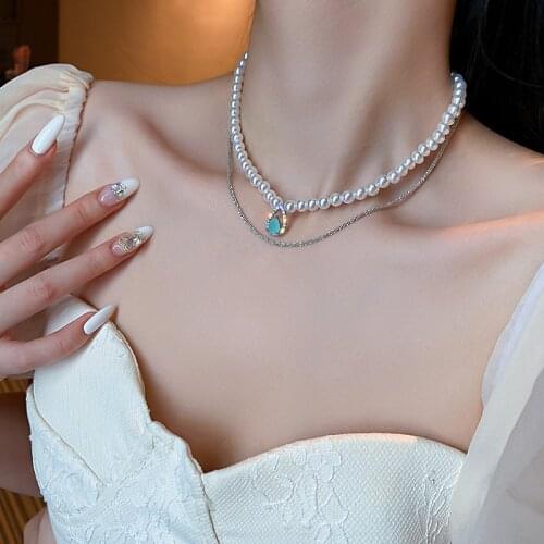 MENGJIQIAO New Arrive Korean Elegant Pearl Choker Necklace For Women Ladies Fashion Blue Waterdrop Zircon Collares Jewelry Gifts