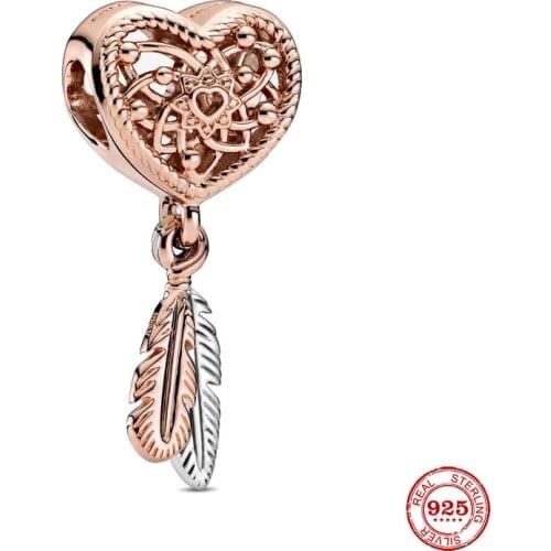 New Original silver color Openwork Heart & Two Feather bead charm fit european pandora charms bracelet bangles diy jewelry P021