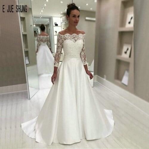 E JUE SHUNG Elegant Wedding Dresses A Line Off Shoulder Long Sleeves Zipper Back Bridal Gowns Wedding Gown Vestidos de Novia