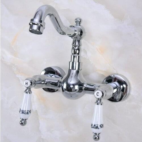Polished Chrome Brass Wall Mounted Double Ceramic Handles Levers Bathroom Kitchen Sink Faucet Mixer Tap Swivel Spout anf956