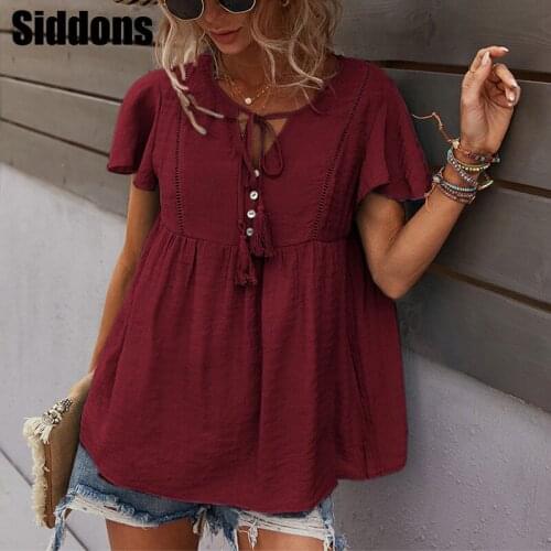 Casual Solid Lace Up Tunic Women Tshirt Ruffles Short Sleeve Pleated Hollow Out Ladies T-shirts Tops Summer Vacation Beach