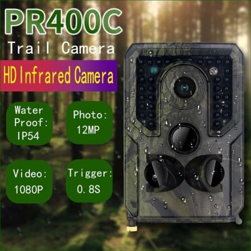 PR400 12MP Trail Camera,1080P Hunting Camera with 34pcs IR LEDs Night Vision 0.8s Trigger Time IP54 for Wildlife Monitoring
