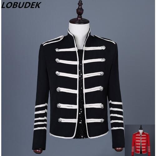 Black Red Stripe Slim Jacket Court Clothing Tide Male Dancer Jackets Punk Singer Concert Coat Nightclub Bar Show Costume S-3XL