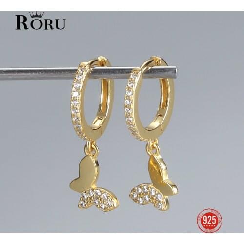 Real 100% 925 Sterling Silver Hoop Earrings Gold Color For Women Cute Butterfly Animal Circle Earrings Fine Jewelry