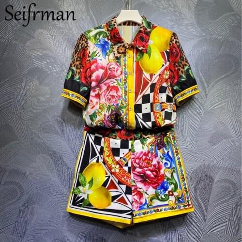 Seifrmann New 2021 Summer Women Fashion Runway Shorts Set Short Sleeve Loose Blouses+High Waist Print Shorts 2 Two Pieces Suits