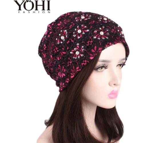 New Fashion Spring autumn Women Fashion Floral Lace Beanie Slouchy Turban Hat Cancer Headwear Chemo Cap Bandana hat