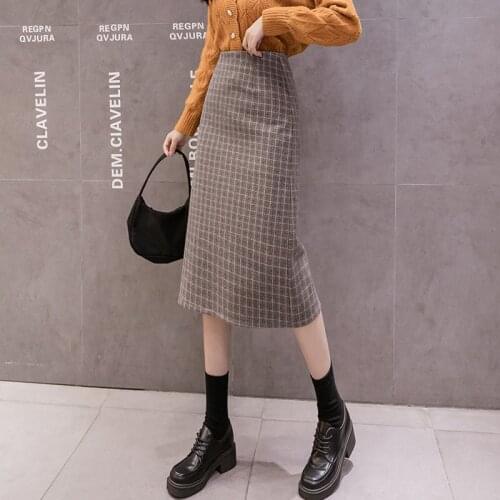 Vintage Plaid High Waist Long Skirt Winner Women Korean Woollens Skirts Sexy Slit Office Work Midi Pencil Skirts Female