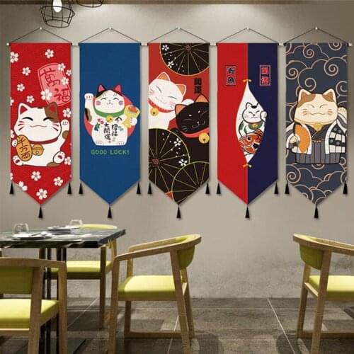 Japanese Ukiyoe Lucky Cat Canvas Art Painting Hang Wall Decor with Tassels Print Pictures Home Living Room Decoration Posters