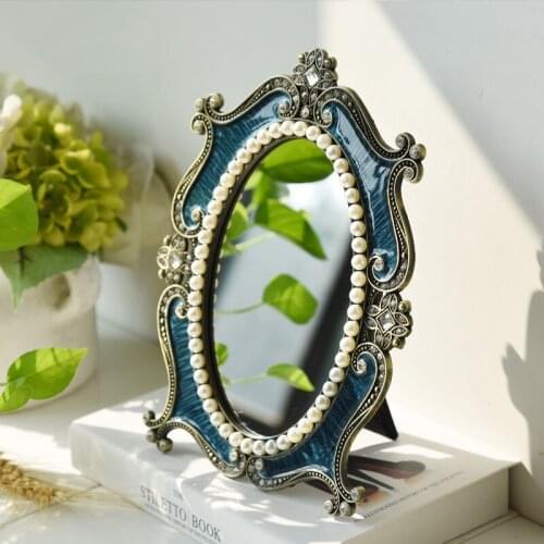Antique Brass Blue Pearls 4x6 inches Oval Metal Framed Table Mirror European Home Decor Silver White Stand Jeweled Makeup Mirror