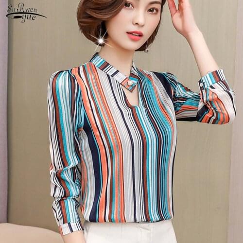 Plus Size Womens Tops and Blouses Print Striped Chiffon Blouse Fashion Full Women Shirts Office Lady Blusas Mujer De Moda 0092