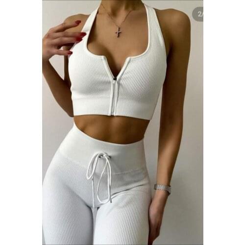 Women Sexy Sport Two Pieces Tights Zippered Bustier Bodysuit Female Leggins Yoga Bras Set New Season 2021 Trend Black White
