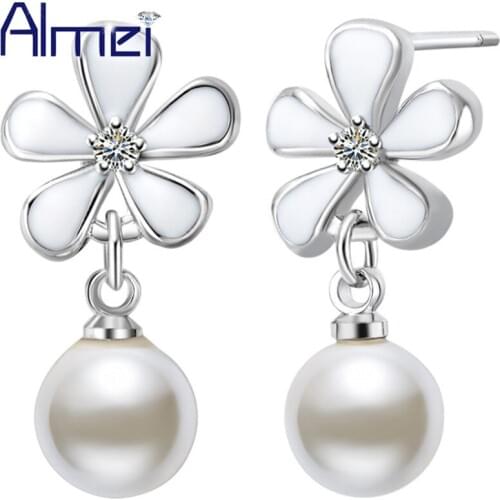 Almei 15%Off 2017 Cheap White Enamel Flowers Earrings For Women Girls Simulated Pearl Fashion Vintage Stud Earrings Jewelry R487