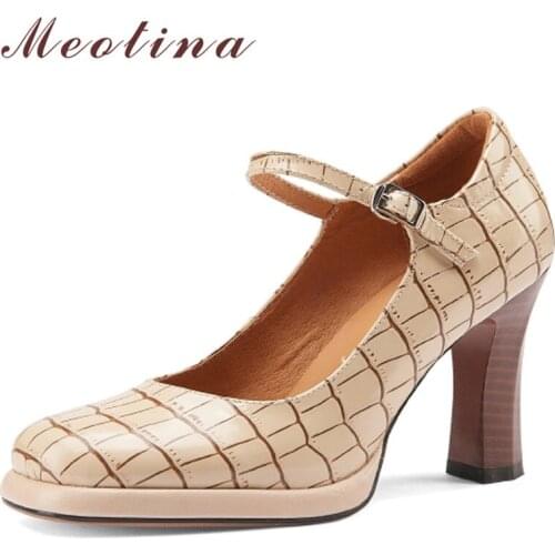 Meotina Natural Genuine Leather Extreme High Heel Shoes Women Platform Square Heels Buckle Strap Ladies Footwear Apricot Size 43