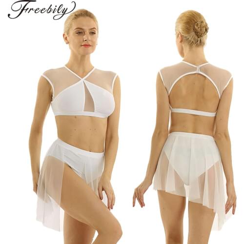 Women Asymmetrical Tutu Ballet Dance Wear Female Splice Crop Top with Ballerina Skirt Contemporary Lyrical Dance Costume
