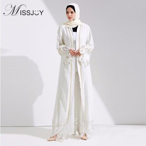 MISSJOY New Open abaya Dubai Women Pakistani Kaftan Dress Muslim Party Long sleeve Lace Patchwork White Arabic Dress Vestidos