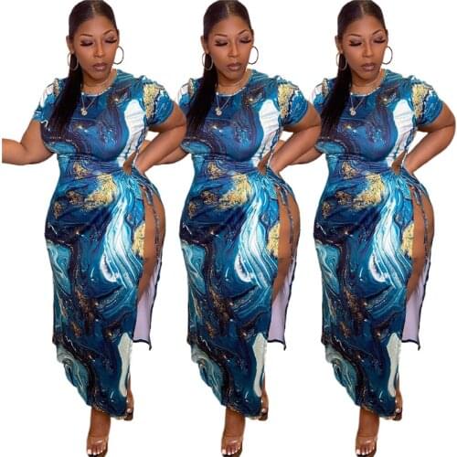 Plus Size Dress 5XL Sexy Round Collar Short Sleeves Open Fork Drawstring Hollow Vintage Dresses Women Wholesale Dropshipping