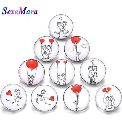 10pcs/lot New Design Mixed Style 18mm Love Heart Couple Glass Snap Button Jewelry Fit 18mm Bracelet Earring Necklaces Jewelry