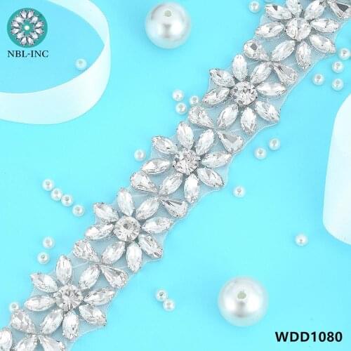 10 yards) Wholesale bridal hand beaded silver crystal rhinestone applique trim sew on iron on for wedding dress WDD1080