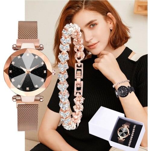 2pcs/set Bracelet watch luxury women starry sky magnet quartz watch clasp fashion rhinestone bracelet watch clock