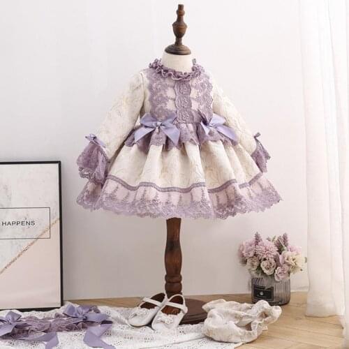2PCS Autumn Winter New Spanish Lolita Princess Dress Bow lace Stitching ball gown birthday party Easter dress for girls
