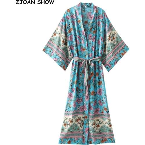 2021 BOHO Location Blue Floral Print Long Kimono Shirt Hippie Women Bandage Tide Bow Sashes Cardigan Loose Blouse Tops Holiday