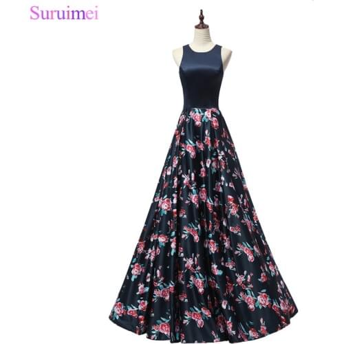 9 Style Navy Blue Evening Dresses with Floral Print Zippered Floor Length Long Evening Gown