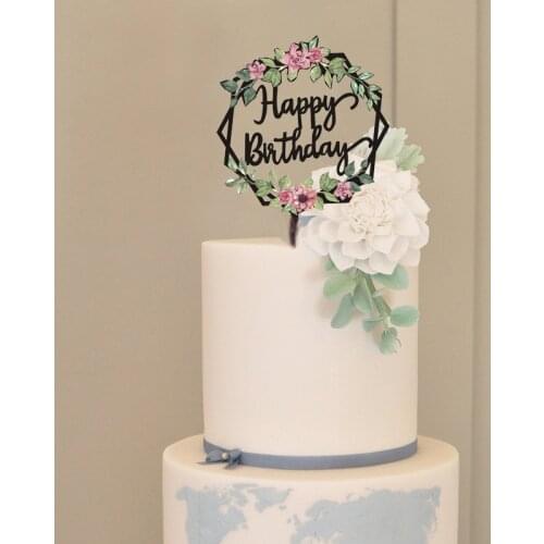 Happy birthday acrylic cake topper Black Golden plant Birthday party Cupcake topper cake flag for Baby shower Dessert decoration