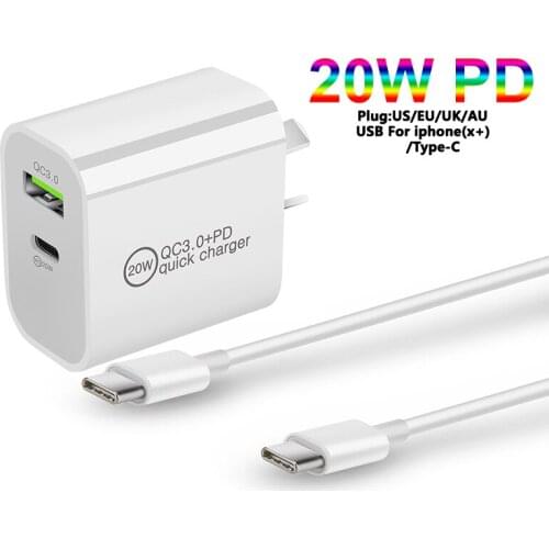 Double hole Fast charger 20W PD charging plug for USB or Type-C port quick charger For us\au\eu\uk Universal for Type-c cable