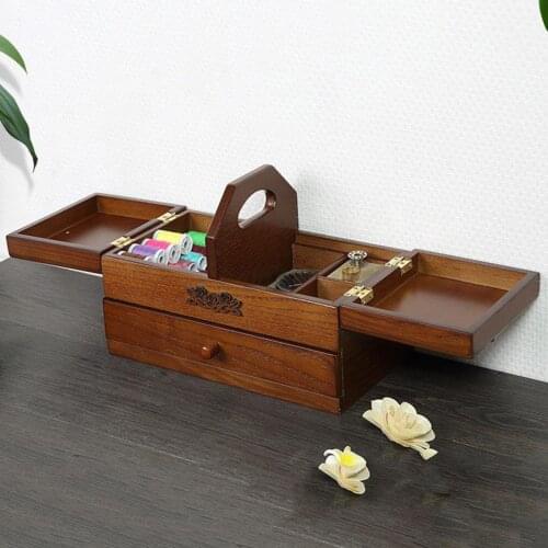 Wooden Sewing Basket Vintage Style Wooden Sew Kits Supplies Storage Box Drawer with 2 -Layer and Compartments