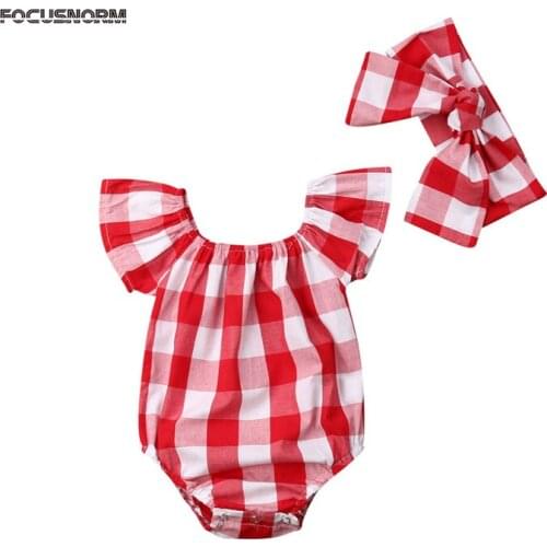 Toddler Baby Girl Plaids Bodysuit Headband 2Pcs Sunsuit Set Kids Summer Cotton Bodysuits Jumpsuit Playsuit Clothes