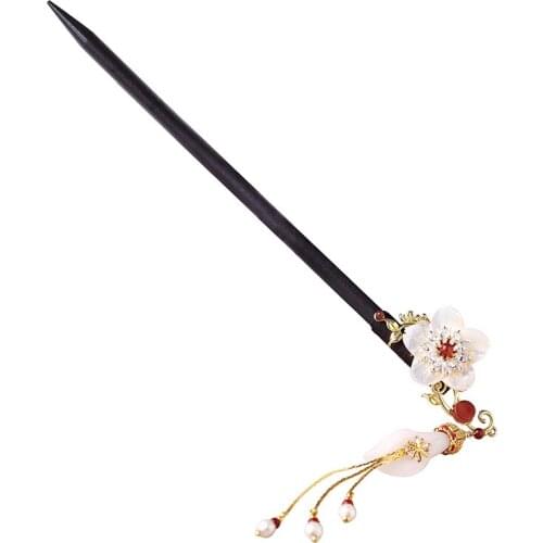 China vintage Natural jade bead white flower wooden kimono hairpin court hanfu hair sticks accessories pan head tools bagpack