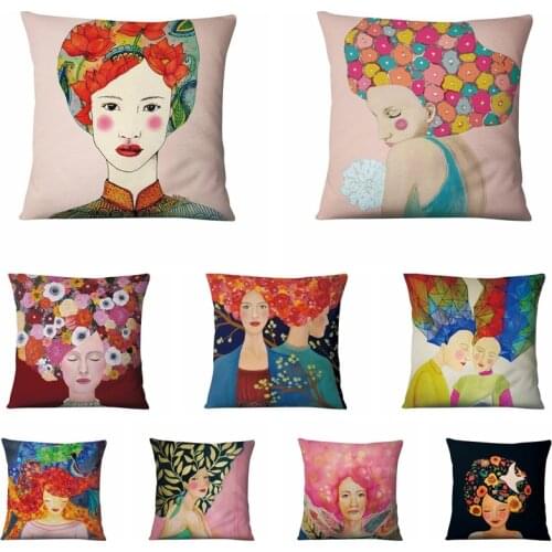 Creative Watercolor Illustration Pillowcase Pretty Woman In Flowers Cushion Decorative Pillow Home Decor Sofa Throw Pillows