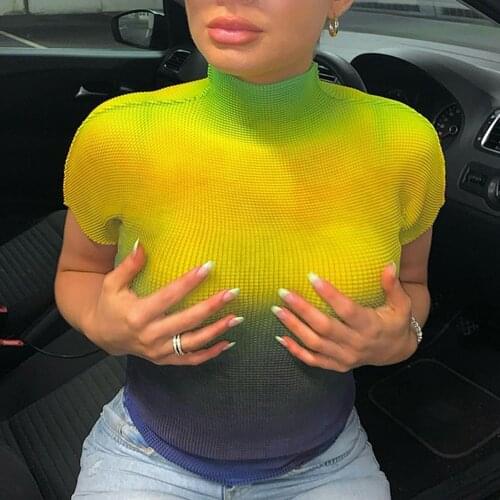 YiYiMiYu Y2k Crop Top Tee High Neck Dyeing Gradient Print Trendy Short Sleeve Women T Shirts Fashion Asthetic Clothes