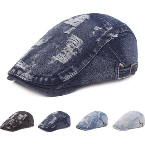 Mens Distressed Ripped Denim Newsboy Cap Peaked Flat Caps Gatsby Golf Ivy Cabbie Beret Hat