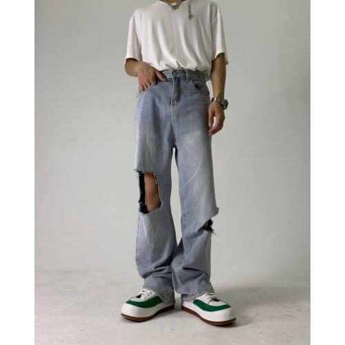 EukaaRu Light Blue Distressed Ripped Jeans Mens Hip Hop Korean Straight Tube Loose Middle-waisted Wide Leg Pants Women Pants