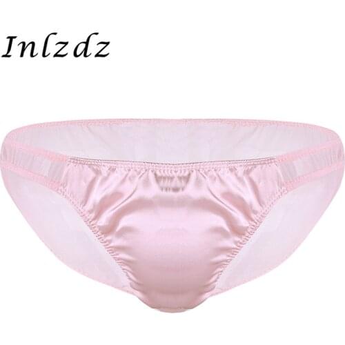 Mens Lingerie Sex Panties Breathable Sheer Mesh Underwear Shiny Satin Ruffle Bikini Briefs Exotic Underwear Hot Sexy Panties