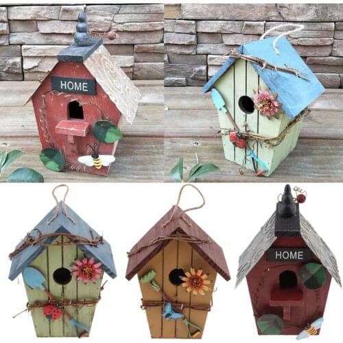 Set of 3 Decorative Bird House with Flower, Jute Cord, Ladybug, Hanging Garden Decoration